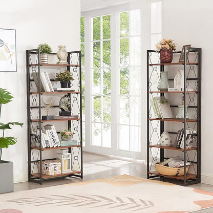 VECELO Folding Bookshelf,5 Tier Bookcase Foldable Easy Assembly, Industrial Book Shelf Storage Organizer with X Metal Frame and Anti-Toppling Design,