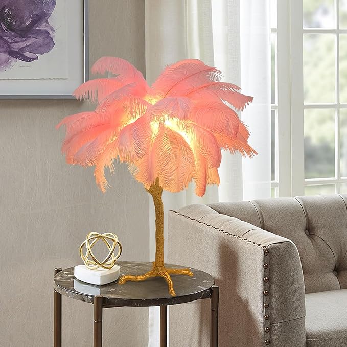 Ostrich Feather Desk Lamp Bedside Pink Cute Lamp Gold Resin Table Lamp, Coconut Tree Feather Lamp for Bedroom Living Room Hallway Wedding Girls Bedroom Night Light G4 Base