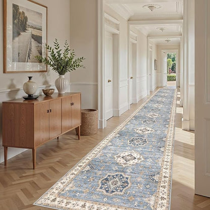 Washable 3x20 Runner Rug - Area Rugs Neutral Vintage Distressed Floral Farmhouse Boho Large Soft Floor Rug Indoor Carpet for Hallway Entryway Home - Blue