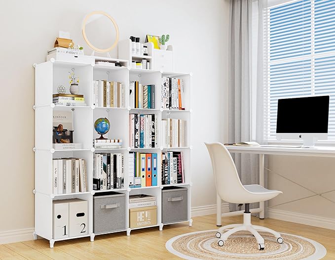 HOMIDEC Book Shelf 16 Cubes Bookcase Bookshelf Cube Storage Organizer Portable Display Bookshelf Kids Bookshelf Book Case for Study Room,Bedroom,Office,Living Room,Closet (47.2x11.8x47.2 inch)