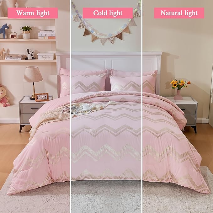 Wowelife Girl Bedding Sets Pink Comforter for Queen Size Bed 7 Pieces Gold Glitter Foil Queen Bedding Set Teen Girl Bedding Pink Full Kids Bedroom Beding Sets with 2 Pillow Shams and 2 Pillowcase