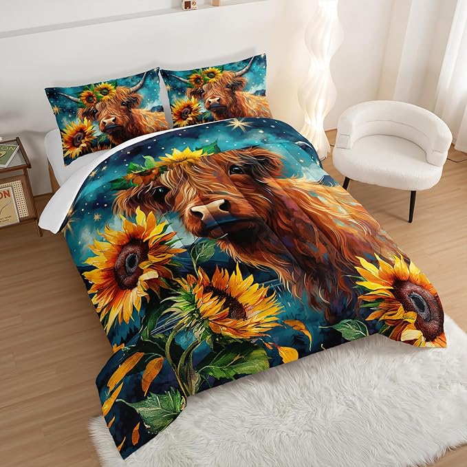 HOSIMA Highland Cow Comforter Set,Western Farmhouse Animals Cow and Sunflower Print Bedding Set 3Pcs with 2 Pillowcases,Galaxy Star Moon Comforter,Floral Comforter Twin Bed in a Bag.