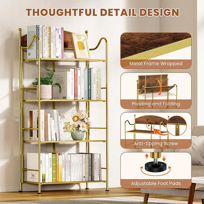 Folding Bookshelf No Assembly, 4 Shelf Gold Folding Bookcase with Sturdy Metal Frame, Vintage Open Standing Collapsible Shelves for Bedroom, Living Room, Home Office Organization