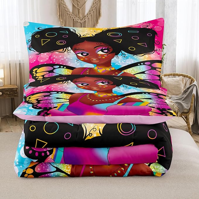 Tailor Shop Fantasy Black Girl Comforter Set Rainbow Butterfly Twin Size Bedding Sets for Girls Kids Kawaii Magic African American Black Girl Bedding Set with 1 Pillowcase Girls Room Decor