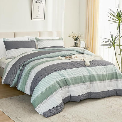 Litanika California King Comforter Set Sage Green - 3 Pieces Cal King Oversized Lightweight Summer Green White Colorblock Stripe Bedding Set (104x96In, 2 Pillowcases)