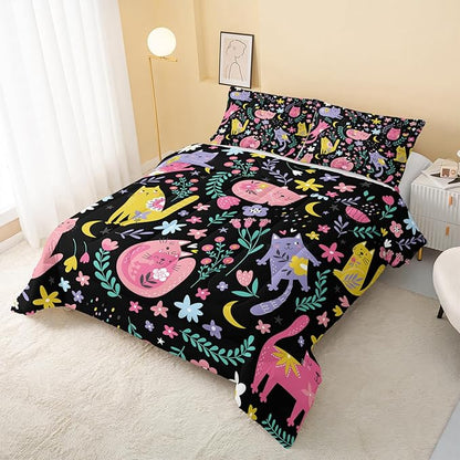 Floral Cat Comforter Full Size,Black Cats Comforter Set for Kids Teens Girls,3Pcs Bedding Set Printed Comforter with 2 Pillowcases,Down Alternative,Soft and Lightweight(Black，Full Size)