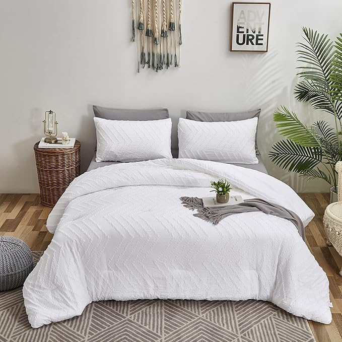 Wellboo White Tufted Jacquard Boho Comforter Set Queen Size White Bedding Set Shabby Chic All Season Bed Quilt Women Men White Farmhouse Embroidery Blanket Soft Adult Broken Line Wave Geometry Bed