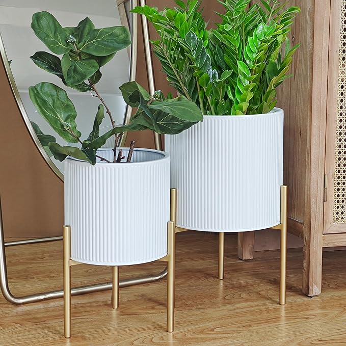 ARNIS Modern Planter Pots, Set of 2 Round Large Planters with Stand, Decorative Floor Planters, Metal Pots with Drainage Holes for Living Room, Office, Garden or Balcony, 8.25 &10.5 Inch, White & Gold