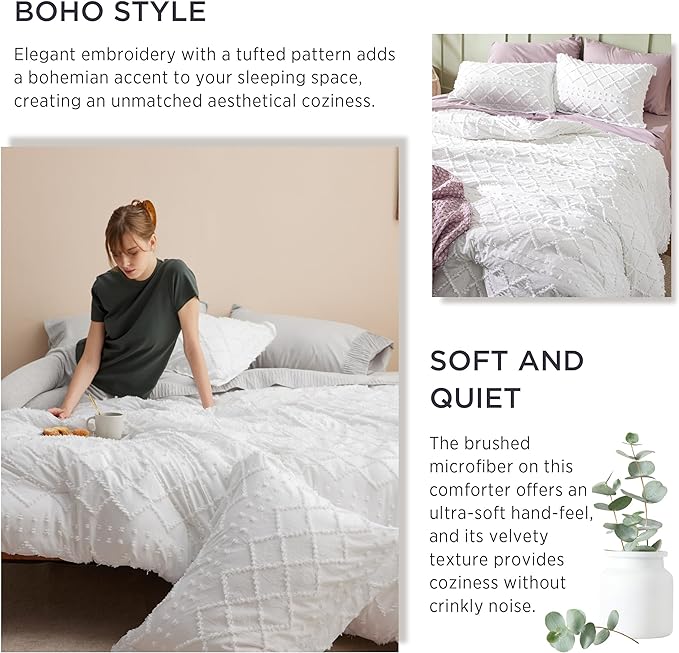 Bedsure Twin/Twin XL Comforter Set - Ivory Boho Twin Extra Long Comforter Set for College, Shabby Chic Dorm Bedding Set, 2 Pieces Modern Farmhouse Bed Set, includes 1 Pillow Sham