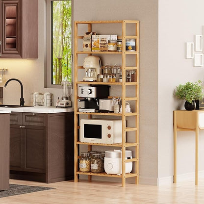 Bamboo Shelf, 6-Tier Adjustable Tall Open Bookcase, Bathroom Storage Rack Freestanding Shelving Unit, Plant Display Stand for Small Space, Natural