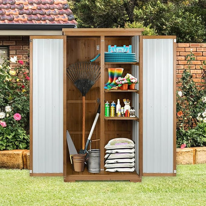 Outdoor Storage Cabinet Wood & Metal with Waterproof Roof, Garden Tool Shed with 3 Removable Shelves, 4 adjustable reinforced feet with metal brackets, 6 T-Hinge, magnetic door,15.6"D x 32.3"W x 66"H