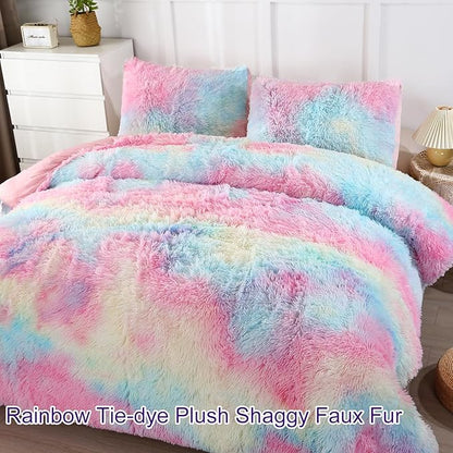 WINLIFE Shaggy Bedding Comforter Set Faux Fur Flannel Furry Comforter Microfiber Long Hair Fluffy Plush Comforter Sets Gradient Ombre Tie Dye MultiColor Bedding for Girls Adults (3Pcs, Full, Rainbow)