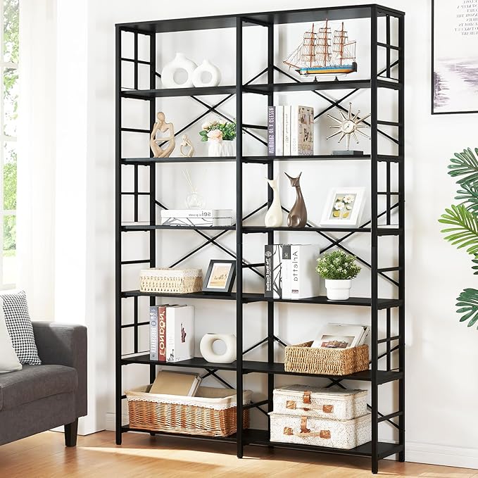 HOMISSUE Tall Bookshelf, 84" Bookshelves and Bookcases Double Wide 7-Tier Bookshelf, Tall Bookcase Wood Style and Metal Open Display Shelves for Living Room Home Office