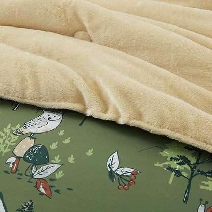 Mi Zone Kids Twin Comforter Set, Reversible Plush Kids Comforter Set, Cozy Plush Reverse Bedding, Winter Fluffy Comforter Bed Set, 1 Sham, Enchanting Forest Animals, Heath, Twin, Sage Green 2 Piece