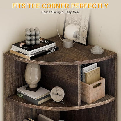 6 Tier Corner Shelf with Drawer, Corner Bookshelf and Corner Bookcase Corner Display Storage Cabinet Stand for Living Room, Bedroom, Office, Small Space, Black Walnut