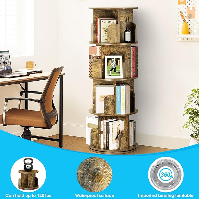4 Tier Rotating Bookshelf kids, Small Corner Bookshelf for Small Space, 360 Display Floor Standing Bookcase Storage Rack, Wood Narrow Book Shelf Organizer for Home Office,Bedroom, Living Room