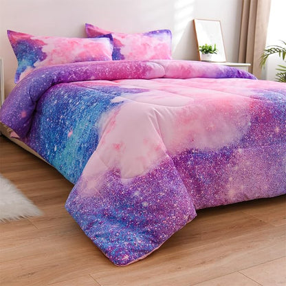 A Nice Night Galaxy Bedding Sets Outer Space Comforter 3D Printed Space Quilt Set King Size Glitter Pink Color,for Children Boy Girl Teen Kids