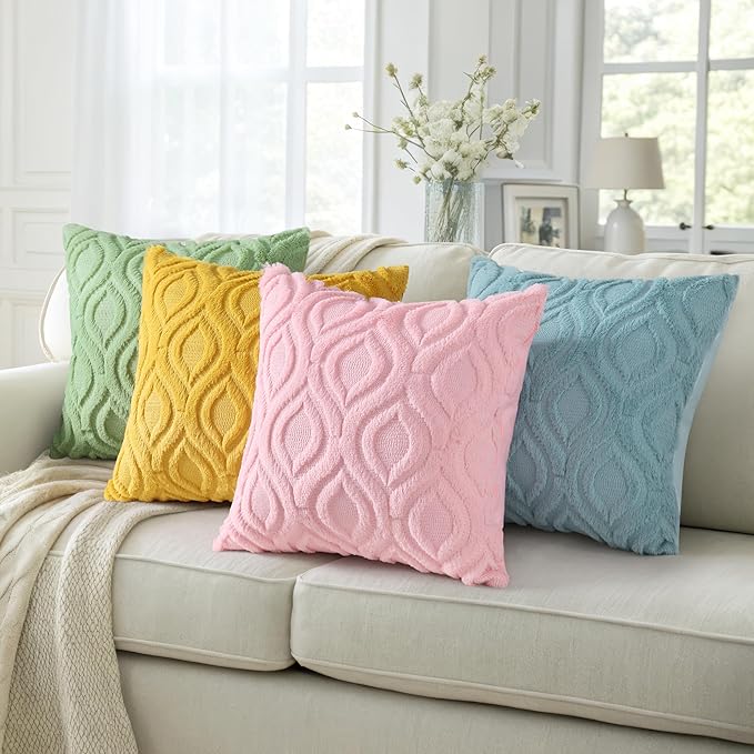 decorUhome Throw Pillow Covers 16x16 Inch Set of 2, Soft Plush Decorative Faux Fur Light Pink Solid Couch Pillow Covers, Accent Farmhouse Neutral Square Euro Pillow Cases for Sofa Bed Living Room