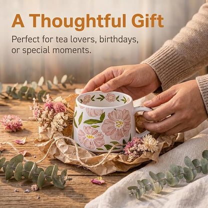 Ceramic Coffee Mug, 13oz Floral Design Pottery cute mugs, Ideal Gift for Women unique vintage pretty coffee mugs (Pink Bulky Flower Mug)