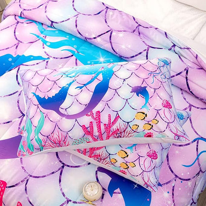 CVHOUSE Mermaid Comforter Set,Rainbow Mermaid Bedding Set for Girls Kids Teens,Rainbow Mermaid Comforter Mermaid Duvet Set Room Decor Quilt Set Full Size