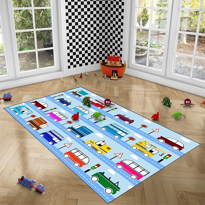 Car Rug Car Play Mat Kids Rugs for Playroom Car Rug Play Mat Rugs for Boys Bedroom Car Carpet for Kids Play Rug for Cars and Trucks Car Rug for Boys Room,Light Blue 2'5''×4'