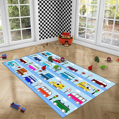 Car Rug Car Play Mat Kids Rugs for Playroom Car Rug Play Mat Rugs for Boys Bedroom Car Carpet for Kids Play Rug for Cars and Trucks Car Rug for Boys Room,Light Blue 3'×5'