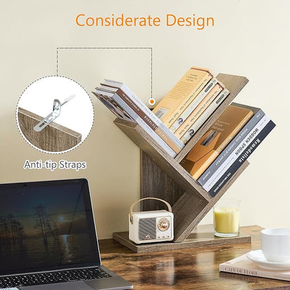 Tajsoon 3 Tier Tree Bookshelf, Small Bookshelf, Desktop Bookshelf Floor Standing Bookcase Display for CDs/Magazine/Books, Book Organizer Shelves for Bedroom, Living Room, Office, Greige