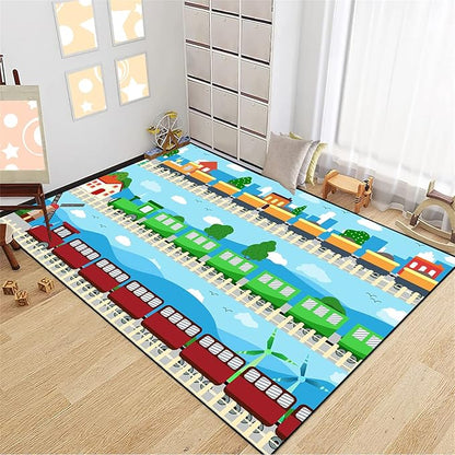 Train Rug Car Rug Play Mat Truck Rugs for Boys Room Kids Car Rug Truck Car Rug Car Carpet for Kids Kids Rugs for Playroom Car Rug for Boys Room,Light Blue 3'×4'