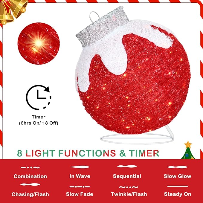 BRIGHTDECK Outdoor Christmas Ornaments, Lighted Pop-Up Outdoor Holiday Ball Decoration with 80 LED Lights, 8 Light Modes, Lighted Collapsible Holiday Decorations for Yard, Home (Red)