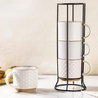 GBhome 12 OZ Stackable Coffee Mugs Set of 4, Ceramic White Coffee Cups Set | Coffee Mugs With Stand, Dishwasher&Microwave Safe, 4 Assorted Designs