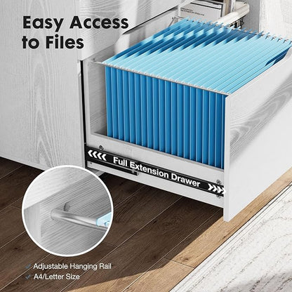 DUMOS Lateral File Cabinet with 3 Drawers Rolling Wooden Printer Stand Under Desk Storage Organizer with 4 Wheels Adjustable Shelf for Office Home, White