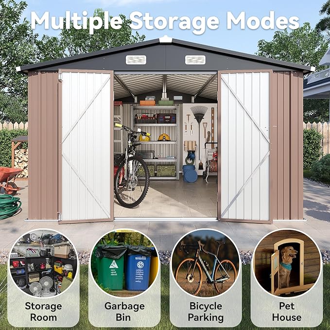 12x10FT Outdoor Storage Shed, Metal Garden Shed with Lockable Double Doors & Sloping Roof, Weather-Resistant Tool Shed for Backyard, Patio, Poolside Brown