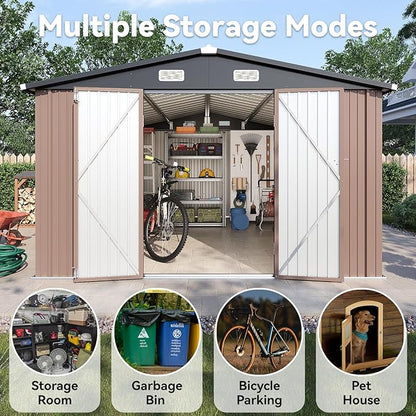 12x10FT Outdoor Storage Shed, Metal Garden Shed with Lockable Double Doors & Sloping Roof, Weather-Resistant Tool Shed for Backyard, Patio, Poolside Brown