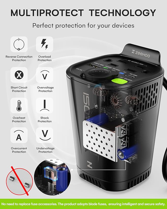 150W Car Power Inverter, 12V DC to 110V AC Car Plug Adapter Outlet Converter, with 2 AC Outlets, A 18W USB A and Dual 30W PD Car Charger, for Laptop Computer - Black