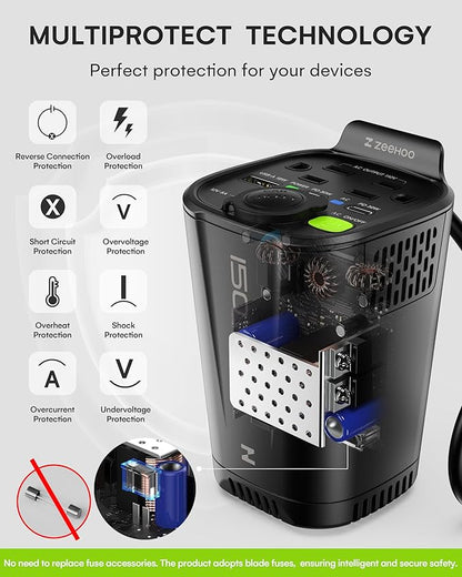 150W Car Power Inverter, 12V DC to 110V AC Car Plug Adapter Outlet Converter, with 2 AC Outlets, A 18W USB A and Dual 30W PD Car Charger, for Laptop Computer - Black