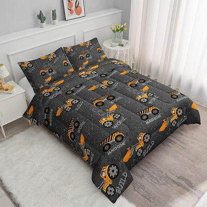 Datura home Construction Truck Comforter Set for Boys Kids Children,Machinery Excavators Vehicles Tractor Bedding Set with 1 Comforter and 2 Pillowcases(Brown Truck), Queen 90x90inches