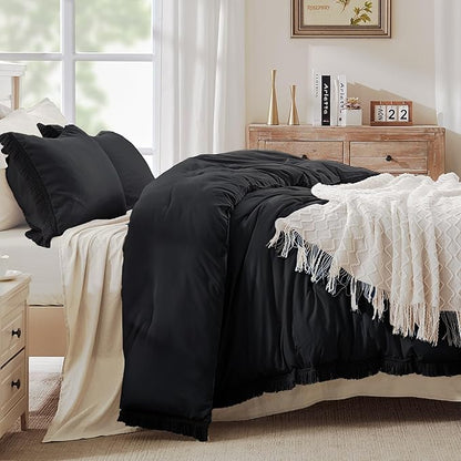 Andency Black Comforter Set Twin Size, 2 Pieces Boho Tassel Lightweight Bedding Comforter Sets, All Season Soft Fluffy Fringe Bed Set (66x90In Comforter & 1 Pillowcase)