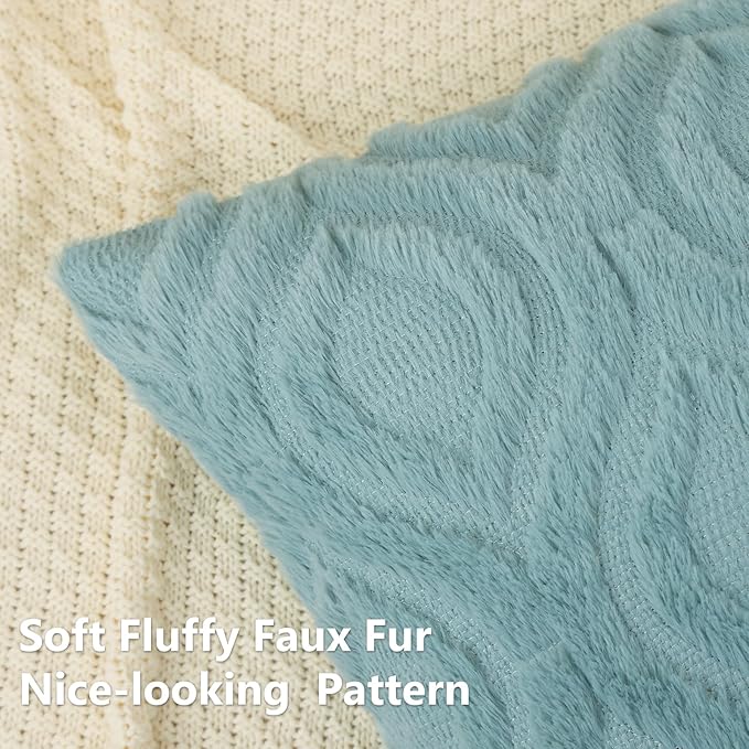 decorUhome Fall Throw Pillow Covers 16x16 Inch Set of 2, Soft Plush Decorative Faux Fur Aqua Solid Couch Pillow Covers, Accent Farmhouse Neutral Square Euro Pillow Cases for Sofa Bed Living Room
