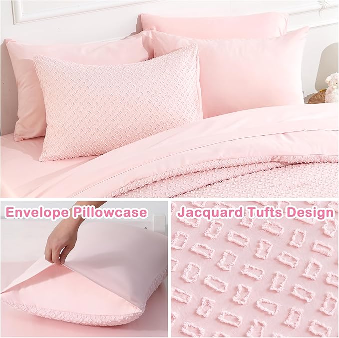 Twin Size Tufted Kids Comforter Set 6 Piece Pink Jacquard Tufts Embroidery Bedding Set for Girls Bed in A Bag Quilt with 1 Comforter, 1 Flat Sheet, 1 Fitted Sheet, 1 Pillowcase and 2 Pillow Sham