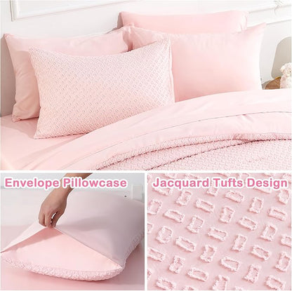 Twin Size Tufted Kids Comforter Set 6 Piece Pink Jacquard Tufts Embroidery Bedding Set for Girls Bed in A Bag Quilt with 1 Comforter, 1 Flat Sheet, 1 Fitted Sheet, 1 Pillowcase and 2 Pillow Sham