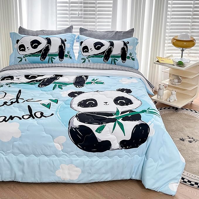Wajade Kids Panda Comforter Set Bed in A Bag Full Size 7 Piece Blue 3D Cute Panda Bamboo Clouds Bedding Set for Girls Boys (1 Comforter, 1 Flat Sheet, 1 Fitted Sheet, 2 Pillowcase and 2 Pillow Sham)