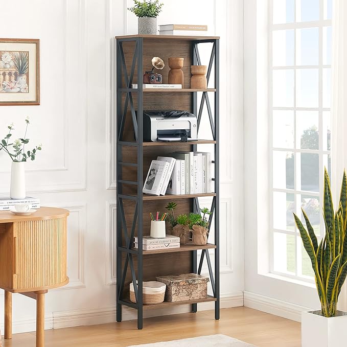 HOMISSUE Bookshelf, 6-Tier Bookshelf, Rustic Wood Metal Bookshelves and Bookcases, Freestanding Open Bookshelf, Industrial Tall Bookcase for Home Office, Living Room and Bedroom, Vintage Brown