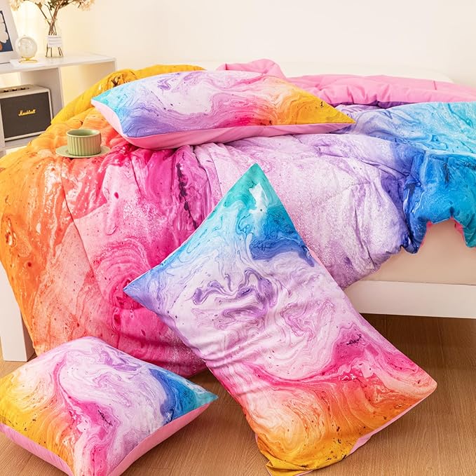 4 Pcs Tie Dye Full Comforter Set for Girls, Watercolor Marble Abstract Art Superior Kids Bedding Sets Full Size, Pink Purple Blue Colorful Teenage Girls Comforter Sets