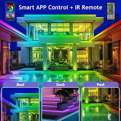 200ft Outdoor LED Strip Lights Waterproof 1 Roll,IP68 Outside Led Light Strips with App and Remote,Music Sync RGB Exterior Rope Self Adhesive Back for Deck,Balcony,Pool