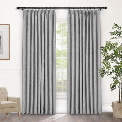Macochico 100% Blackout Light Grey Linen Curtains 84 Inches Long Pinch Pleated Burlap Curtains for Bedroom Living Room Farmhouse Nursery Thermal Window Panels with Tieback 72”Wx84”L 1 Panel