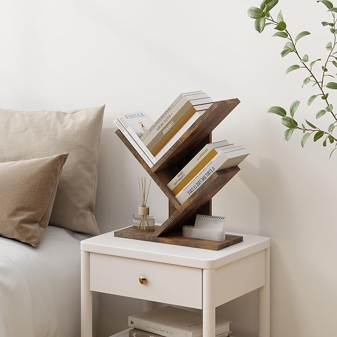 Tajsoon Tree Bookshelf 3 Tier Book Storage Organizer Shelves, Desktop Bookshelf Floor Standing Bookcase Display for CDs/Magazine/Books, Small Bookshelf for Bedroom, Living Room Office, Rustic Brown