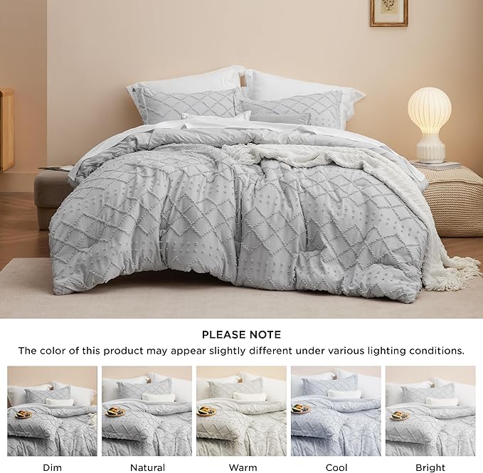 Bedsure Queen Comforter Set - Light Grey Comforter, Boho Tufted Shabby Chic Bedding Comforter Set, 3 Pieces Vintage Farmhouse Bed Set for All Seasons, Fluffy Soft Bedding Set with 2 Pillow Shams