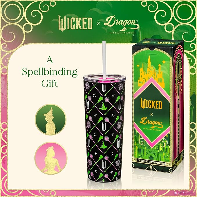 Dragon Glassware x Wicked Stainless Steel Tumbler with Straw, 24 oz - Green | Vacuum Insulated Wicked Cup with Lid & Straw For Water & Iced Tea; Official Wicked Merch