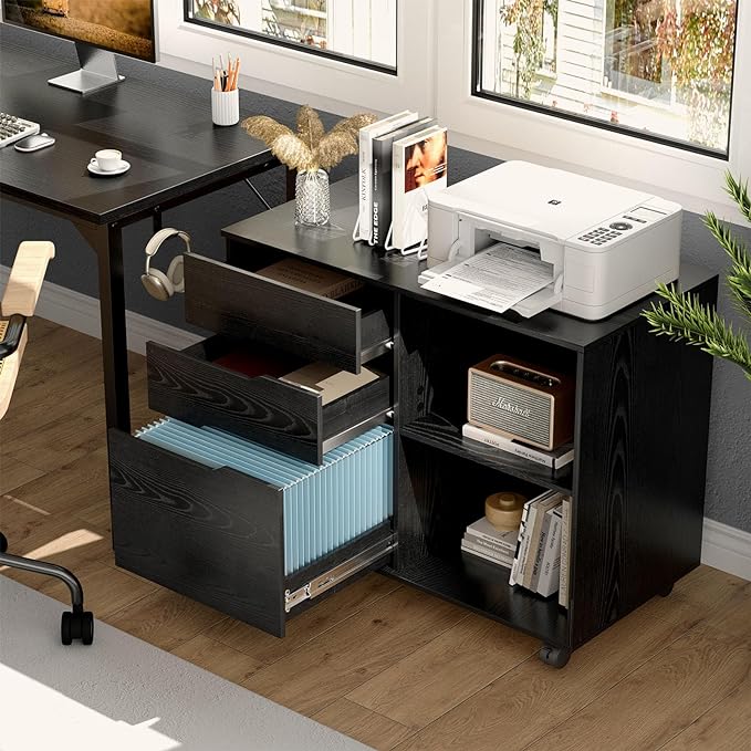 Sweetcrispy 3-Drawer File Cabinet, Lateral Mobile Filing Cabinet Wood Storage Organizer with Wheels, Printer Stand & Open Shelves for Home Office Under Desk Organization - Black