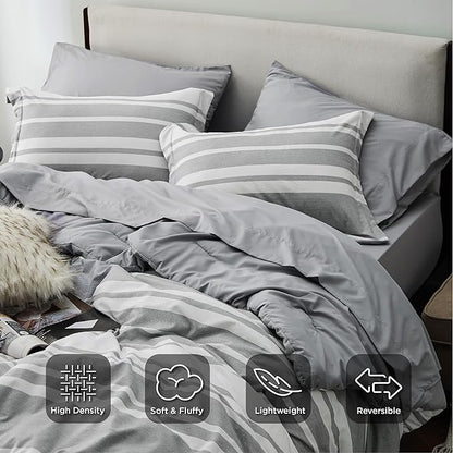 Bedsure California King Comforter Set Size 7 Pieces, Gray White Striped Cali King Bed Set All Season Bedding Sets, Bed in a Bag with Comforter, Sheets, Pillowcases & Shams